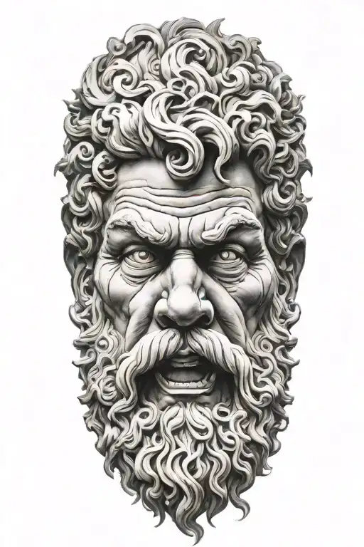 zeus face raging storm clouds surrounding tattoo design idea