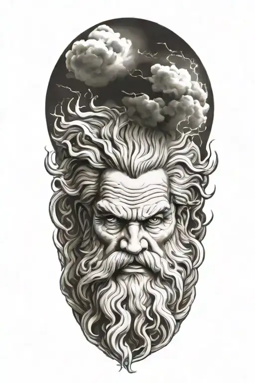 zeus head raging storm clouds surrounding tattoo design idea