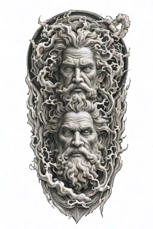 zeus face raging storm clouds surrounding tattoo design idea