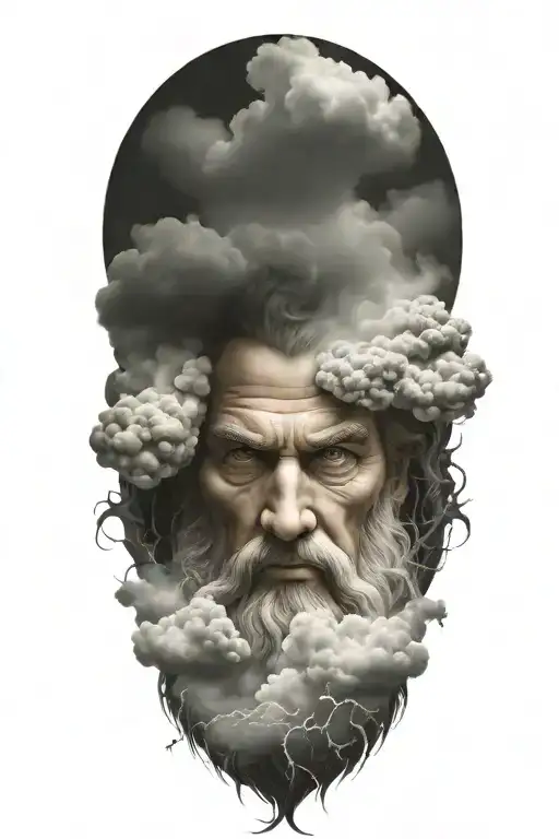 zeus face raging storm clouds surrounding tattoo design idea