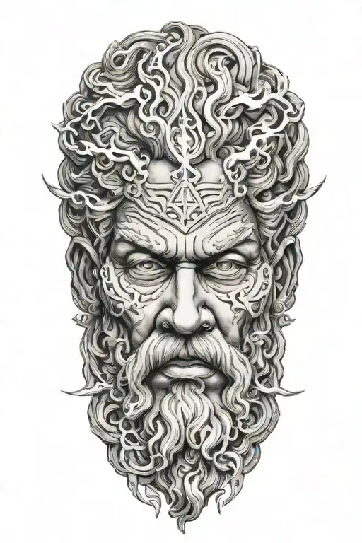 zeus face raging storm clouds surrounding with lightning tattoo design idea