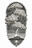 lightning storm cloud background black and white with zues in the foreground tattoo design idea