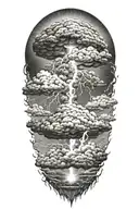 lightning storm cloud background black and white with zues in the foreground tattoo design idea