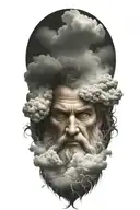 zeus face raging storm clouds surrounding tattoo design idea