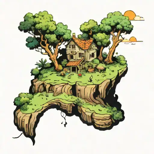 floating island with tiny men walking tattoo design idea