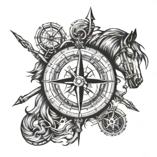 Crossed axes with lightning bolts and a horse coming out of a compass tattoo  tattoo design idea