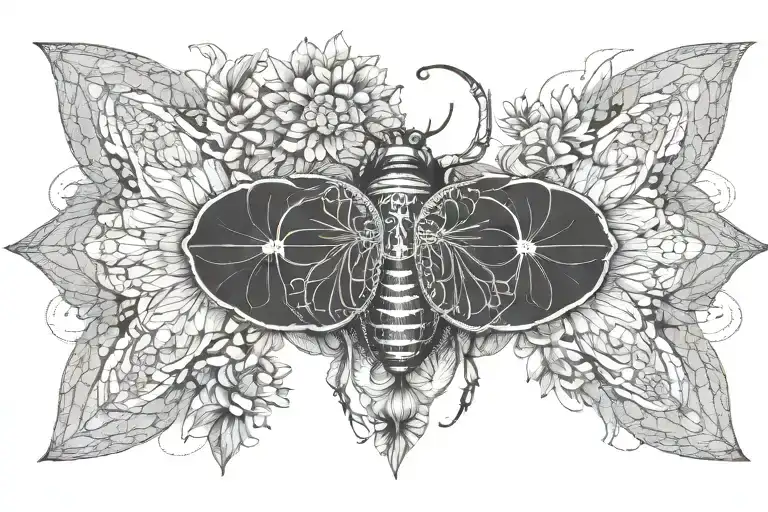 lace mandala under breast. mandala must include these elements: ladybug, albatross, scarab and moth. simple and not big. tattoo design idea