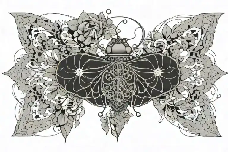 lace mandala under breast. mandala must include these elements: ladybug, albatross, scarab and moth. simple and not big. tattoo design idea