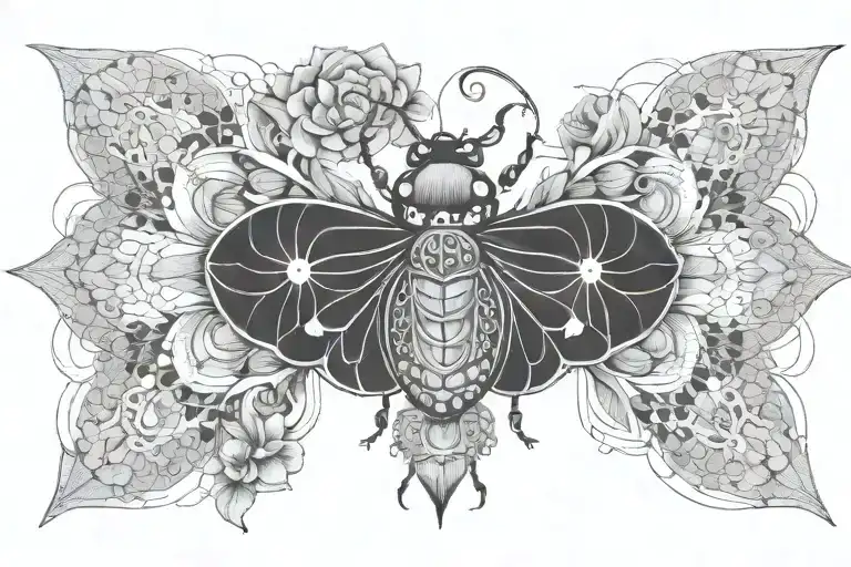 lace mandala under breast. mandala must include these elements: ladybug, albatross, scarab and moth. simple and not big. tattoo design idea