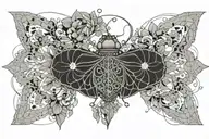 lace mandala under breast. mandala must include these elements: ladybug, albatross, scarab and moth. simple and not big. tattoo design idea