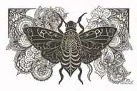 lace mandala under breast. mandala must include these elements: ladybug, albatross, scarab and moth. simple and not big. tattoo design idea