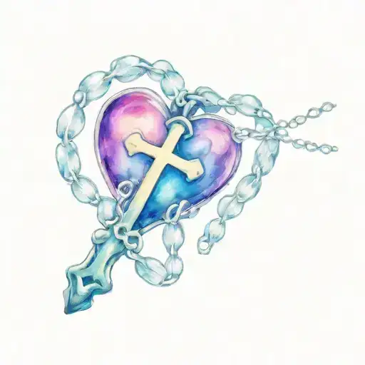 heart cross rosary beads intertwined tattoo design idea