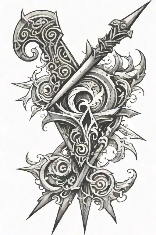 broken spear with four elements incorporated tattoo design idea