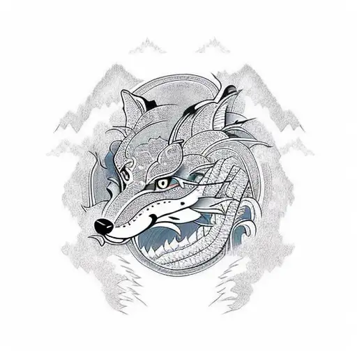 Oriental mountains and a river below also a fox and chinese style dragon tattoo design idea