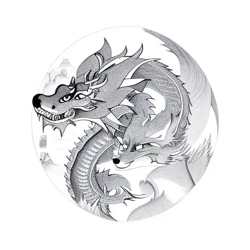 Oriental mountains and a river below also a fox and chinese style dragon tattoo design idea