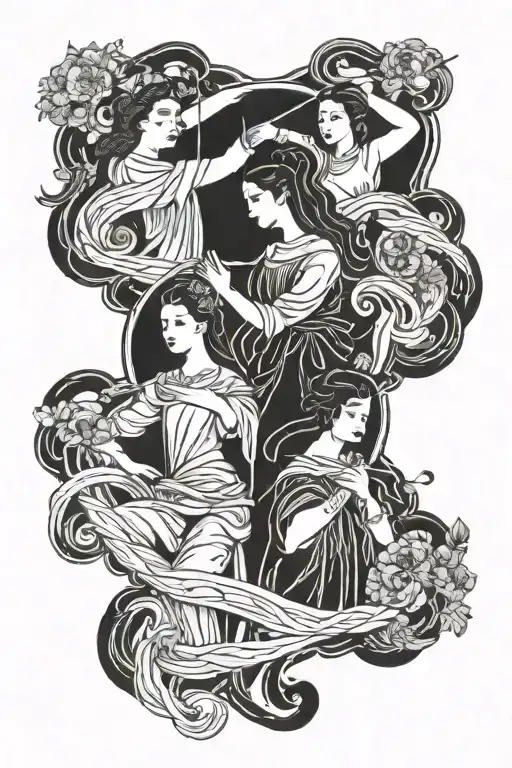 A blackwork tattoo of the three fates spinning the thread of life, symbolizing the CFO's role in decision-making and fate tattoo design idea