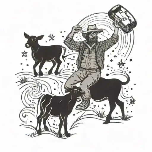 A farmer dancing joyfully with his livestock under a starry sky tattoo design idea