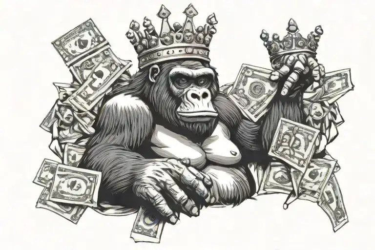 A gorilla wearing a crown and holding a stack of money, surrounded by thug life symbols tattoo design idea