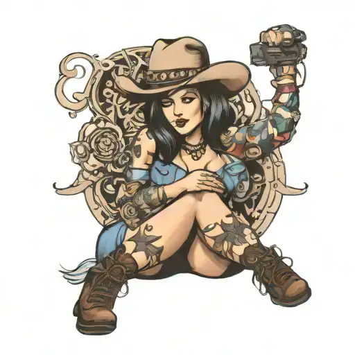 sexy chubby girl wearing cowboy hat sitting tattoo design idea