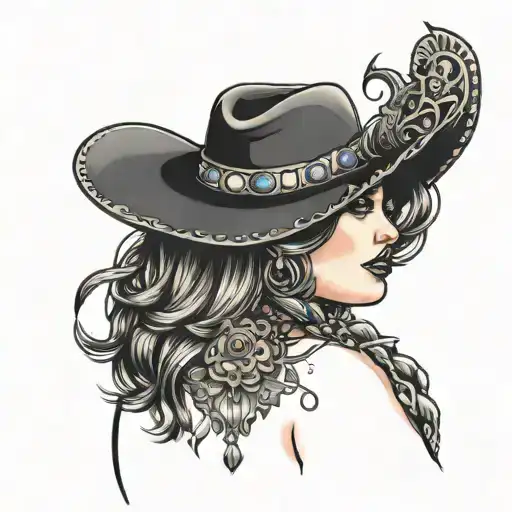 sexy chubby girl wearing cowboy hat surrounded tattoo design idea
