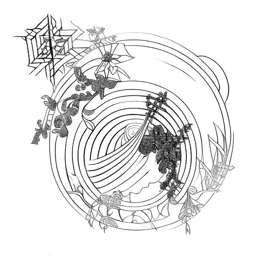 cross at the top, saturn, venus, and earth going down vertically, and vines and flowers connecting everything tattoo design idea