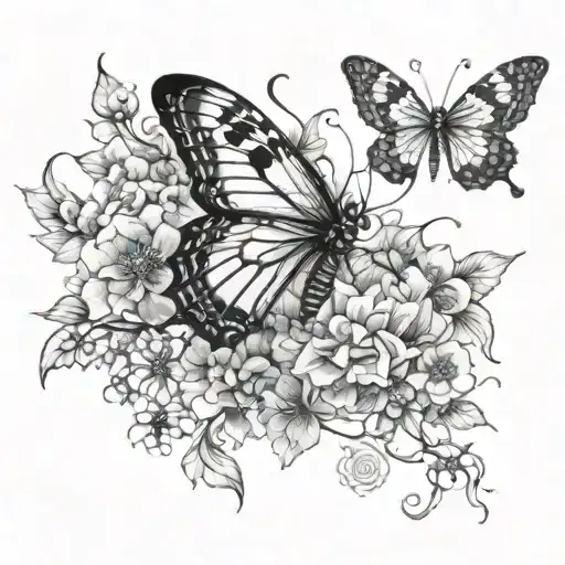 butterfly with spider elements and oriental flowers in watercolor tattoo design idea