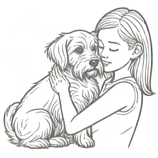 A tiny girl hugs the head of a giant Maltese terrier tattoo design idea