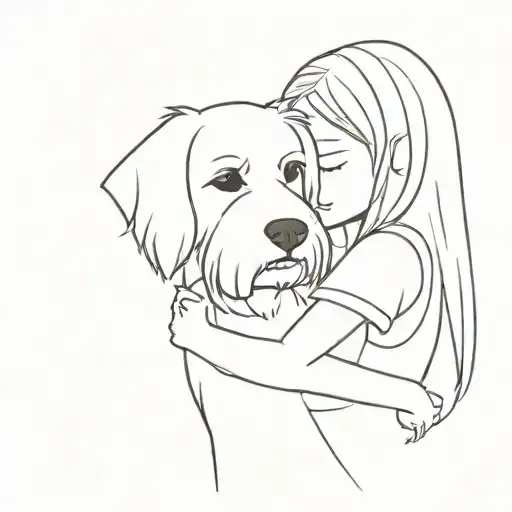 A tiny girl hugs the head of a giant Maltese terrier tattoo design idea
