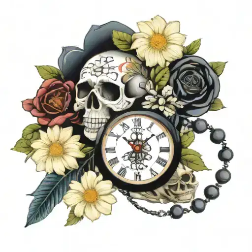 candy skull surrounded by daisies gardenia and jasmine flowers, rosary beads, memento mori words and clock  tattoo design idea