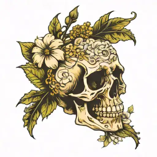  skull surrounded by daisies gardenia and jasmine flowers, rosary beads, memento mori words and clock  tattoo design idea