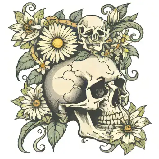  skull surrounded by daisies gardenia and jasmine flowers, rosary beads, memento mori words and Alice in wonderland cloc tattoo design idea