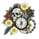 candy skull surrounded by daisies gardenia and jasmine flowers, rosary beads, memento mori words and clock  tattoo design idea