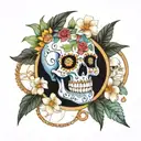 candy skull surrounded by daisies gardenia and jasmine flowers, rosary beads, memento mori words and clock  tattoo design idea