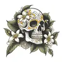 candy skull surrounded by daisies gardenia and jasmine flowers, rosary beads, memento mori words and clock  tattoo design idea