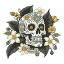 candy skull surrounded by daisies gardenia and jasmine flowers, rosary beads, memento mori words and clock  tattoo design idea