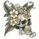  skull surrounded by daisies gardenia and jasmine flowers, rosary beads, memento mori words and clock  tattoo design idea