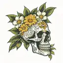  skull surrounded by daisies gardenia and jasmine flowers, rosary beads, memento mori words and clock  tattoo design idea