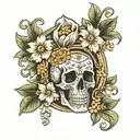  skull surrounded by daisies gardenia and jasmine flowers, rosary beads, memento mori words and clock  tattoo design idea