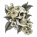  skull surrounded by daisies gardenia and jasmine flowers, rosary beads, memento mori words and clock  tattoo design idea