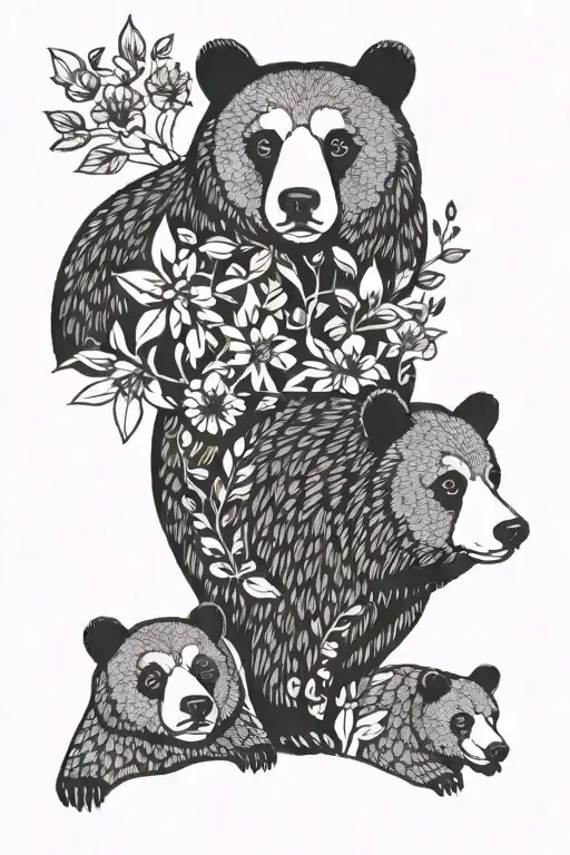 silhouette of three bears nesting like a matryoshka doll linocut floral folk art details tattoo design idea