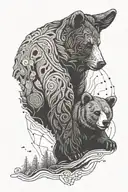  a solid outline of bear with a negative space baby bear inside and an outline of a bear outside. style is that of a lin tattoo design idea