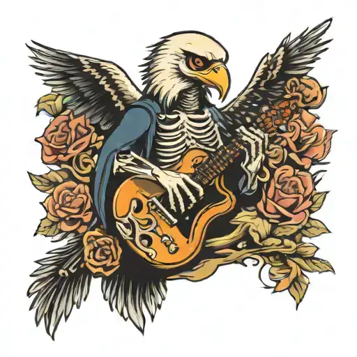 a skeleton with a guitar and an eagle tattoo design idea