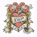 Heart with banner and initials reading "KA + GP" tattoo design idea