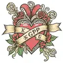 Heart with banner and initials reading "KA + GP" tattoo design idea