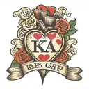 Heart with banner and initials reading "KA + GP" tattoo design idea