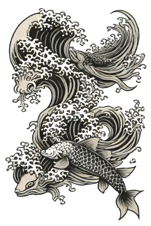 great wave off kanagawa and koi fishes swimming tattoo design idea