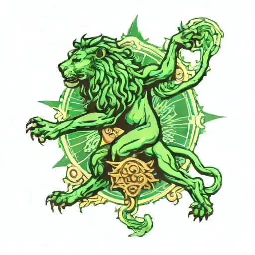 Green lion standing on its hind legs, devouring the sun tattoo design idea