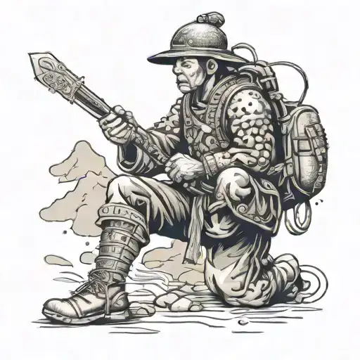 A traditional Japanese martial arts warrior with a backpack and hiking boots tattoo design idea