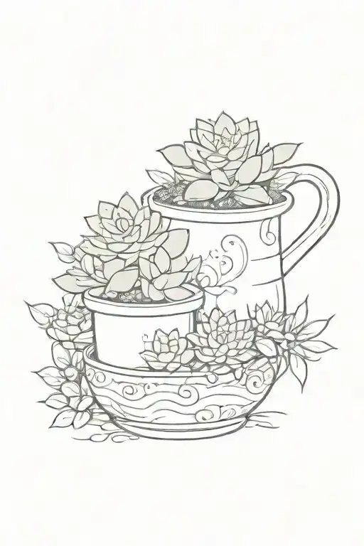A cheerful cartoon pot of succulents runs along the path tattoo design idea