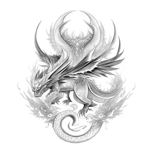 A fusion of anime and nature, featuring a mythical creature like a dragon or phoenix amidst a scenic landscape. tattoo design idea